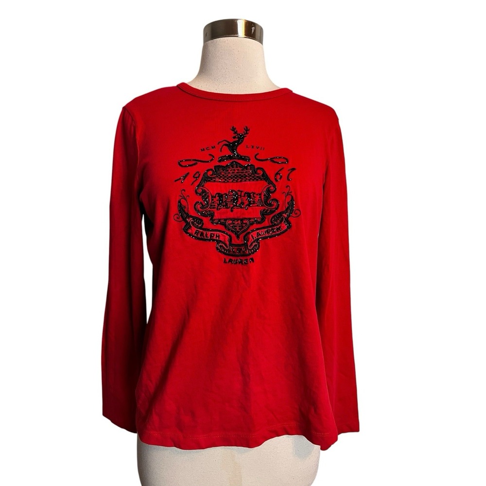 Lauren Active Ralph Lauren Tee Shirt Red M Embellished Crest Long Sleeve